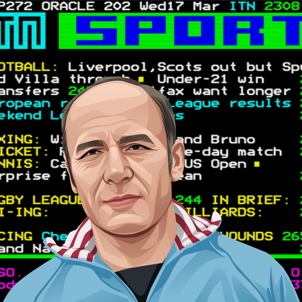 Retrotext book cover featuring a digital illustration of a man in front of a 1980s ITN Sport teletext screen