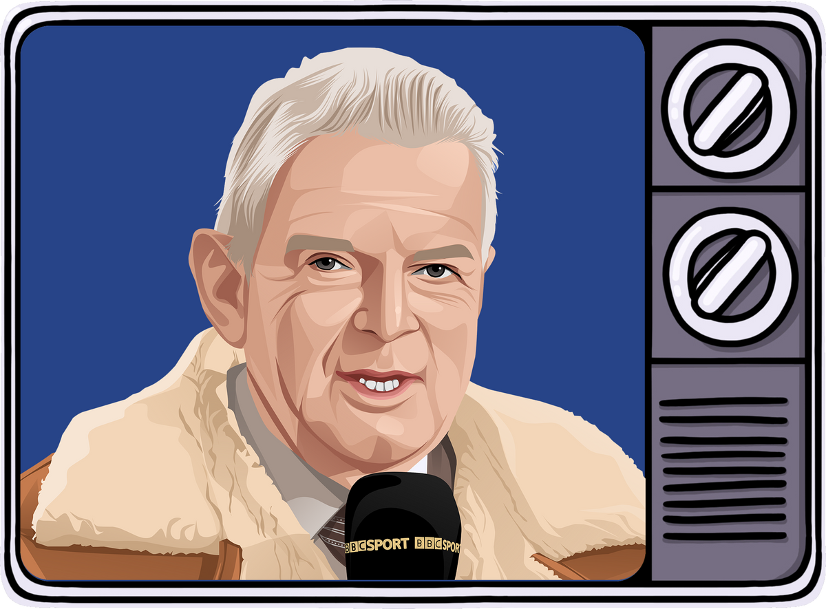 Retrotext book cover illustration featuring a 1980s television set with a sports presenter holding a BBC Sport microphone