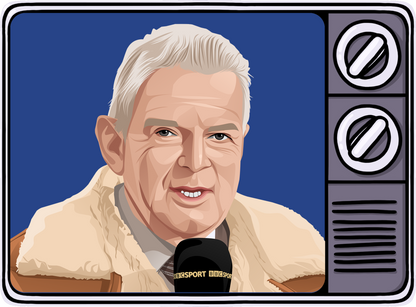 Retrotext book cover illustration featuring a 1980s television set with a sports presenter holding a BBC Sport microphone