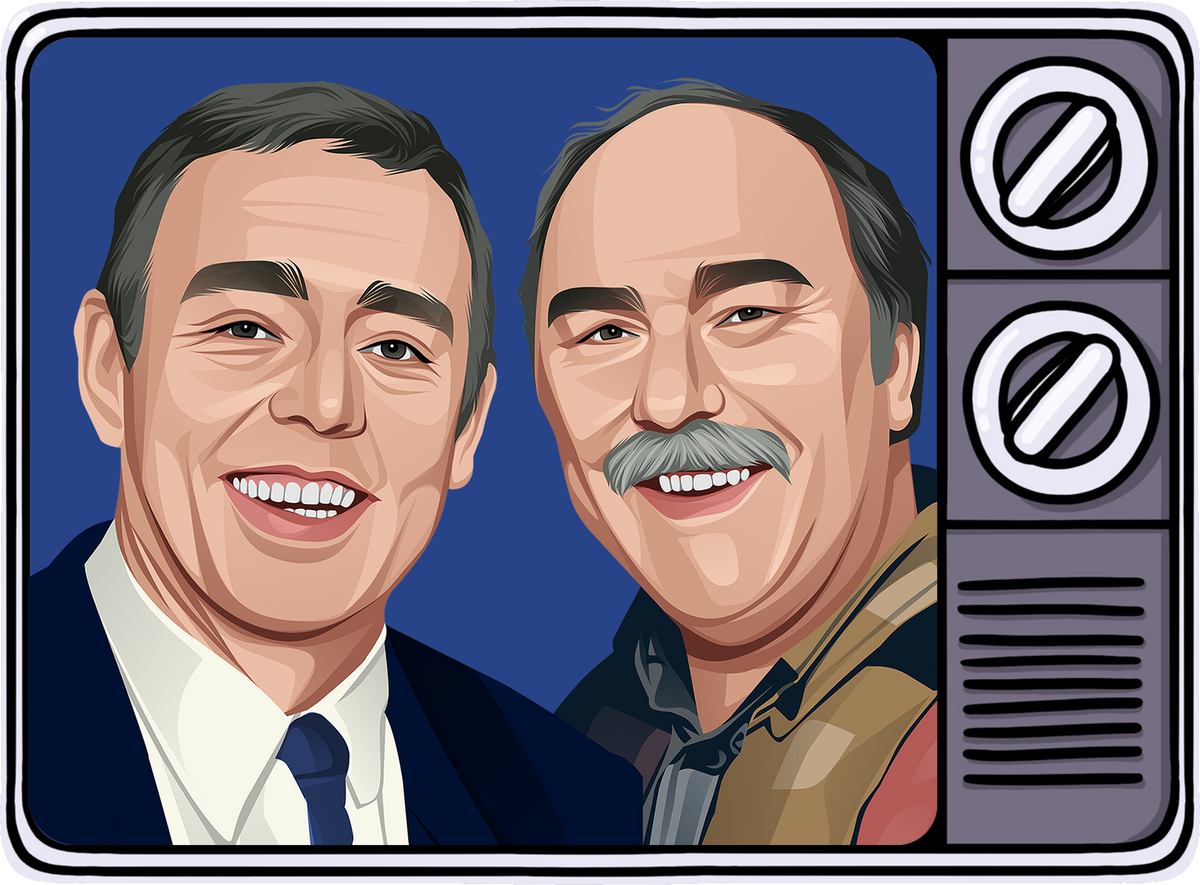 Retrotext illustration of two smiling football commentators framed within a vintage 1980s television set design.