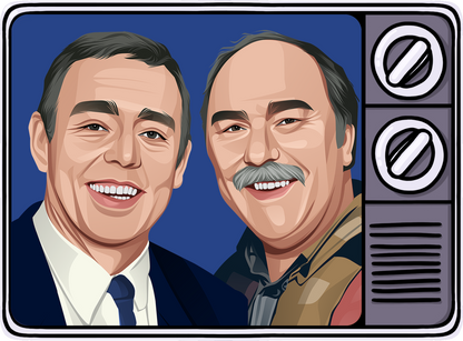 Retrotext illustration of two smiling football commentators framed within a vintage 1980s television set design.