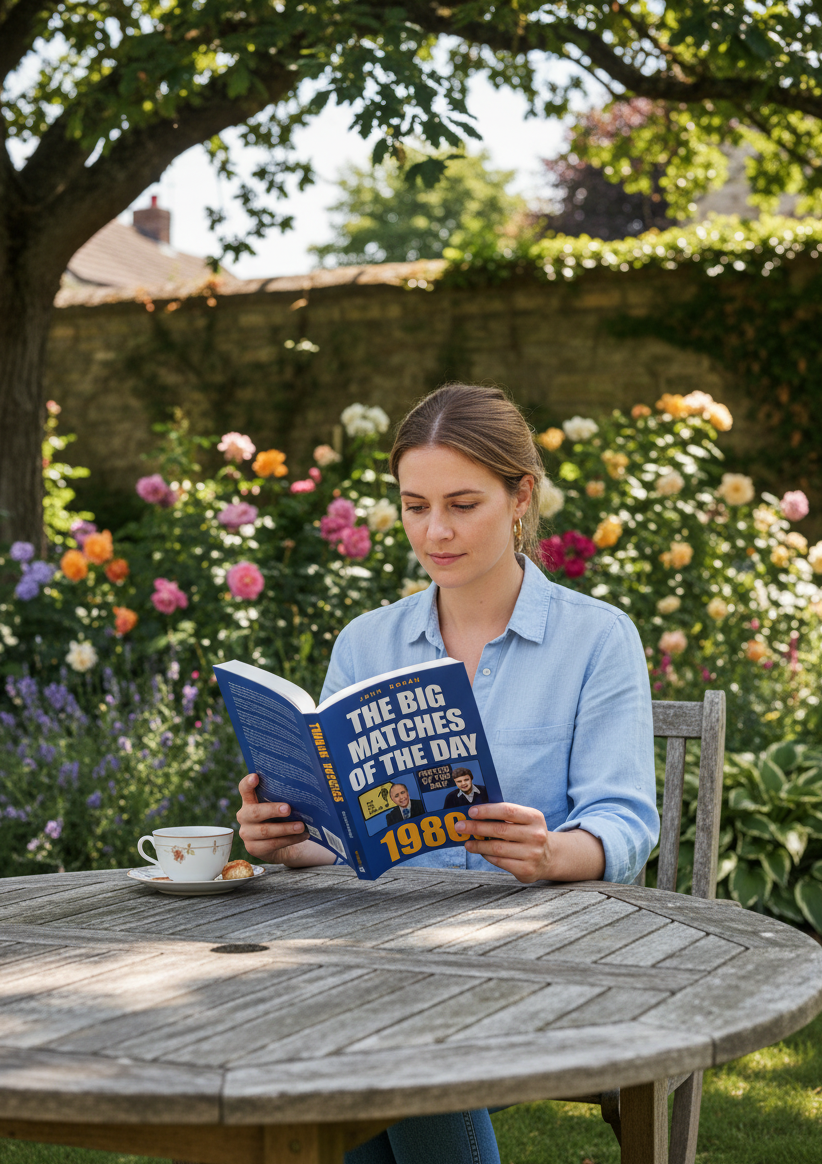 Woman reading Retrotext The Big Matches Of The Day 1980s paperback book in a sunny garden with roses