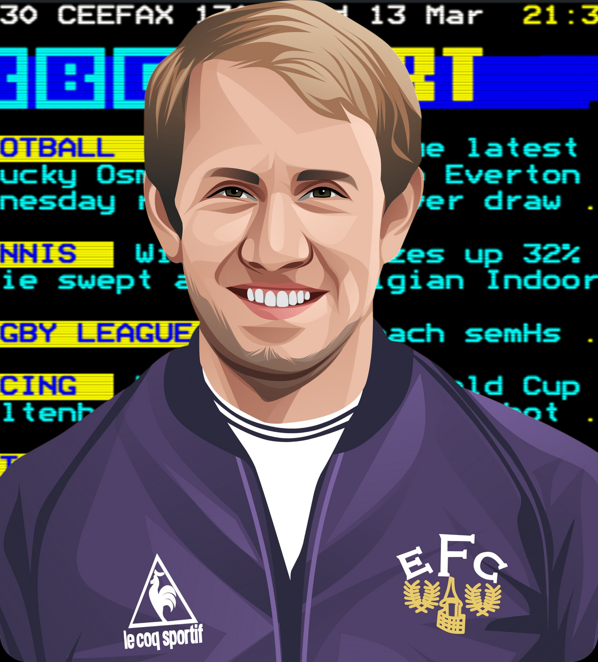 Retrotext illustration of a blonde man in a purple Le Coq Sportif jacket against a 1980s Ceefax sports news background.