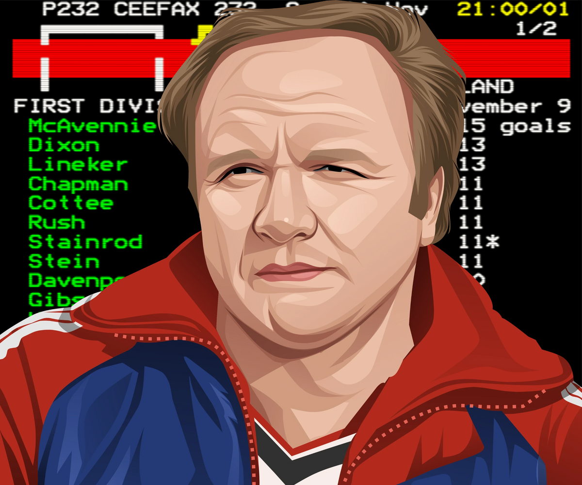 Retrotext illustration of a 1980s football manager in a red and blue tracksuit against a vintage Ceefax scoreboard