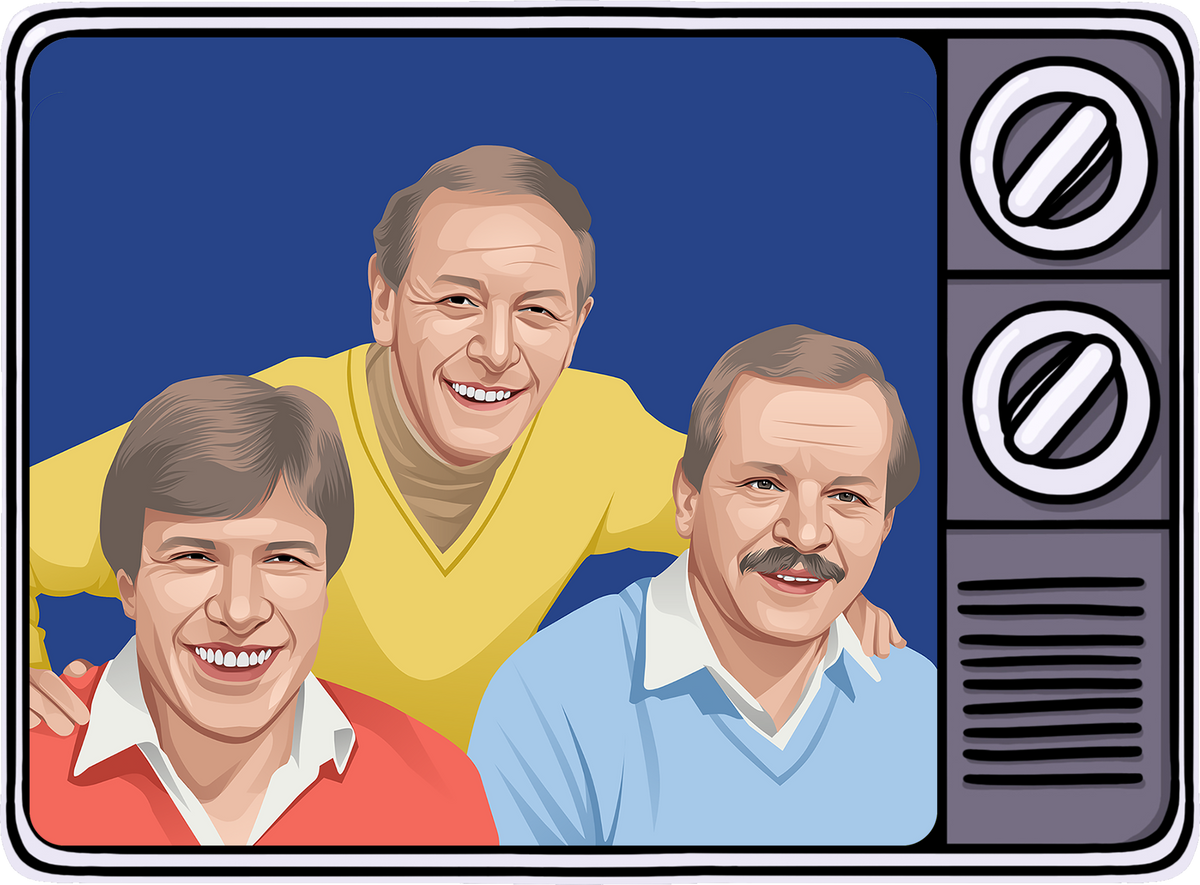 Retrotext illustration of three smiling men on a vintage television screen representing 1980s football broadcasting