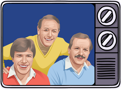 Retrotext illustration of three smiling men on a vintage television screen representing 1980s football broadcasting