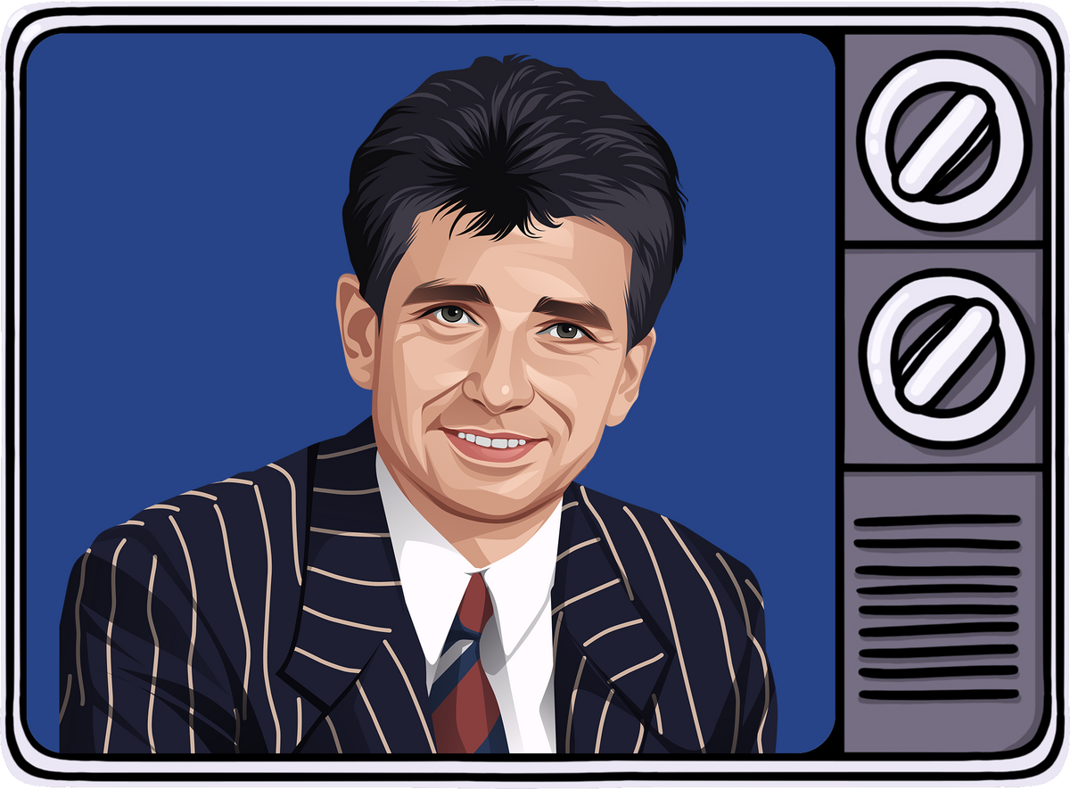 Retrotext illustration of a 1980s television presenter in a pinstripe suit, framed by a vintage TV set.