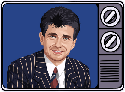 Retrotext illustration of a 1980s television presenter in a pinstripe suit, framed by a vintage TV set.