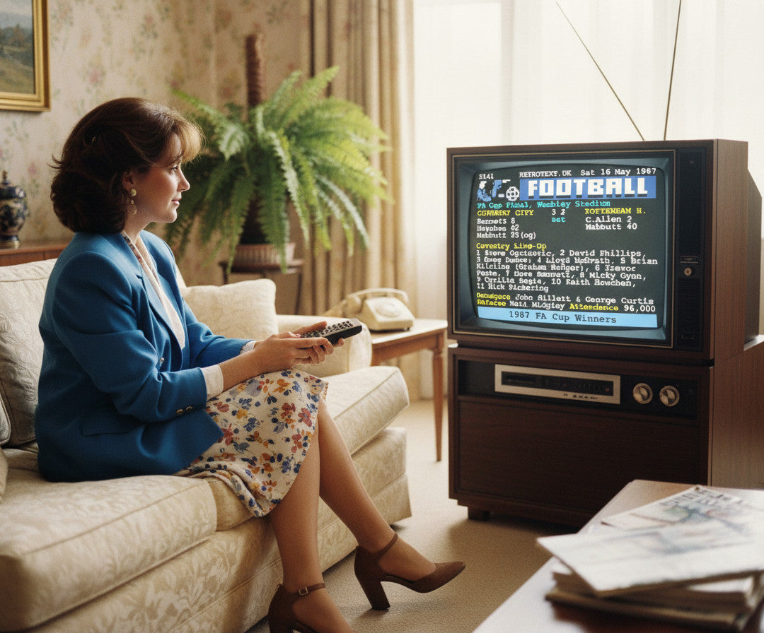 Retrotext mug featuring 1987 FA Cup Final teletext design displayed on a vintage television in a cozy living room.
