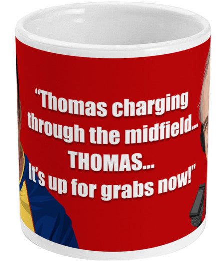 Retrotext ceramic mug featuring Michael Thomas and Brian Moore with iconic 1989 football commentary on a red background