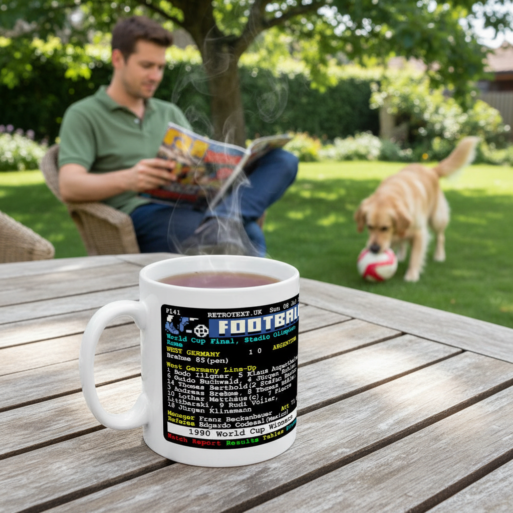 Retrotext 11oz glossy white mug featuring 1990 World Cup final Germany teletext score on a wooden garden table