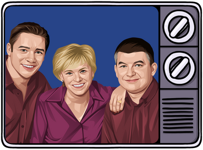 Retrotext book cover illustration featuring three people smiling inside a vintage television frame