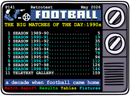 Retrotext The Big Matches Of The Day 1990s book cover featuring a vintage teletext style football season index