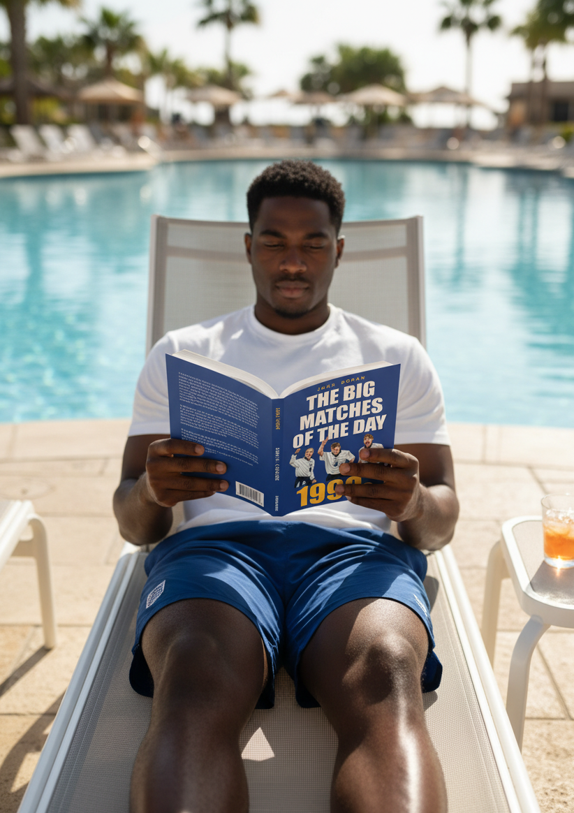 A man reading the Retrotext book The Big Matches Of The Day 1990s while relaxing on a sun lounger by a swimming pool.