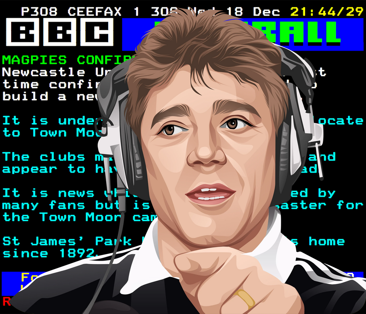 Retrotext illustration of a 1990s football commentator wearing headphones against a vintage BBC Ceefax screen background