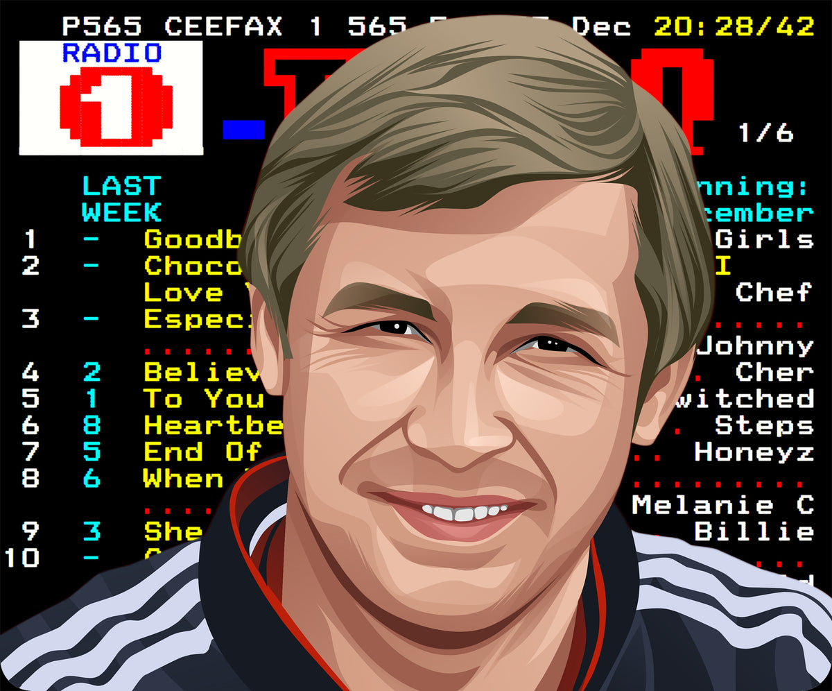 Retrotext illustration of a 1990s football manager against a vintage Radio 1 Ceefax chart background