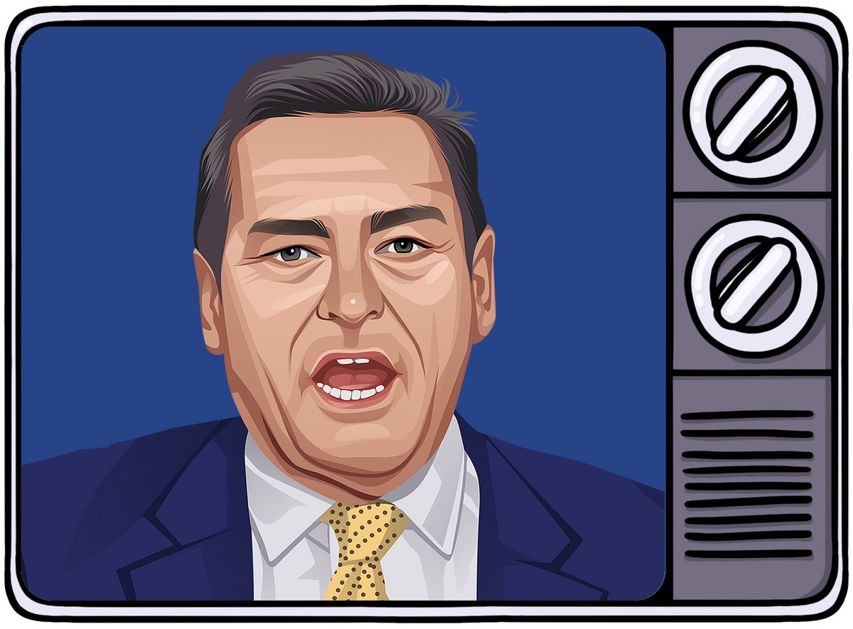 Retrotext illustration of a 1990s football manager on a vintage television screen with a blue background