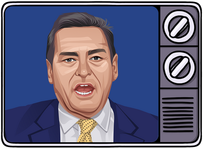 Retrotext illustration of a 1990s football manager on a vintage television screen with a blue background