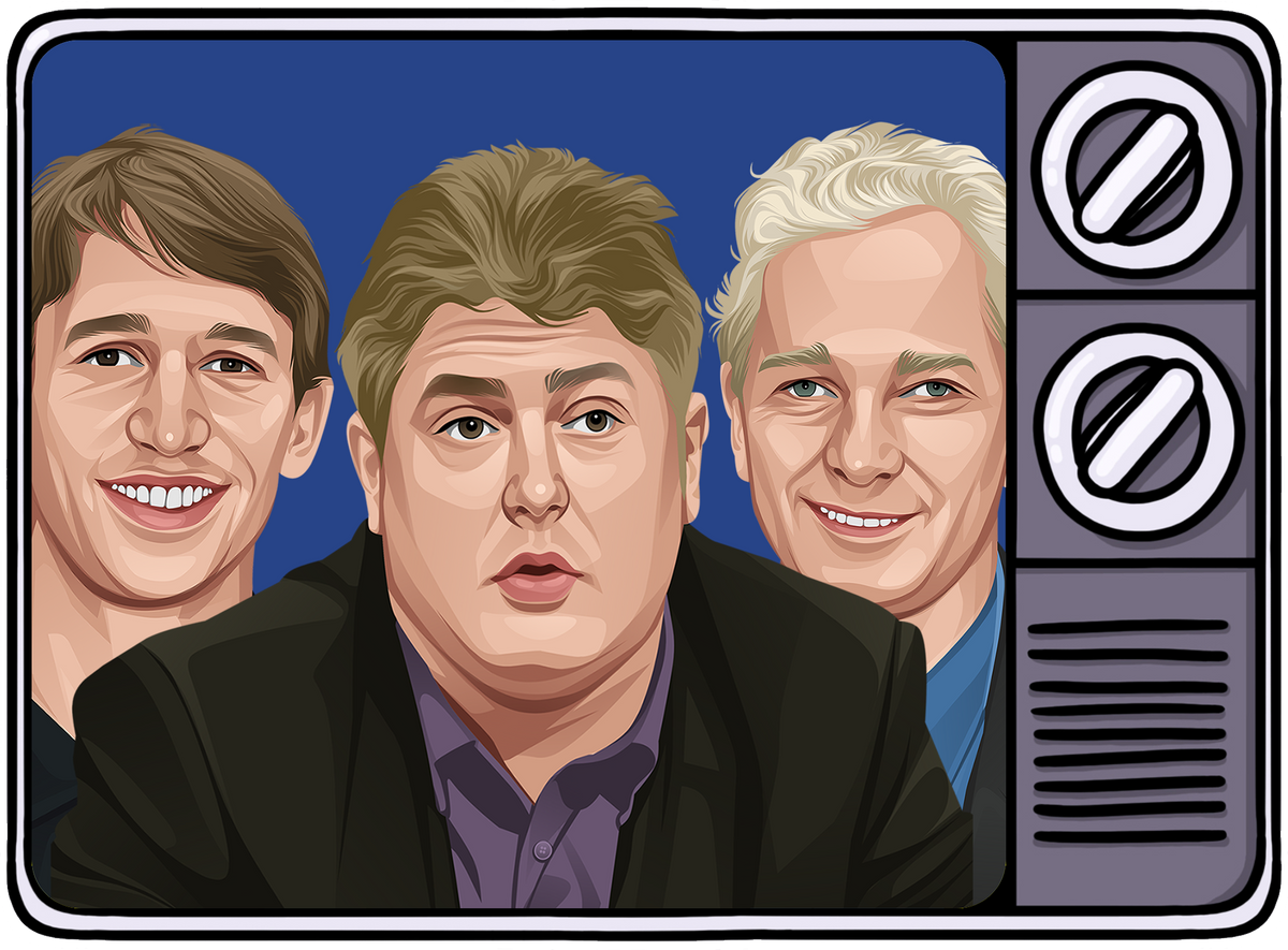Retrotext illustration of three football figures inside a vintage television frame for The Big Matches Of The Day 1990s