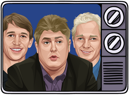 Retrotext illustration of three football figures inside a vintage television frame for The Big Matches Of The Day 1990s