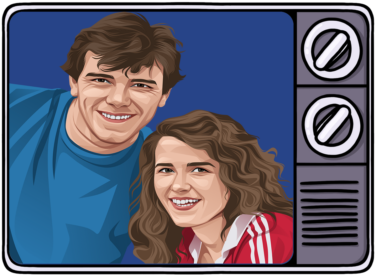 Retrotext illustration of a smiling couple inside a vintage 1990s television frame, celebrating football nostalgia.