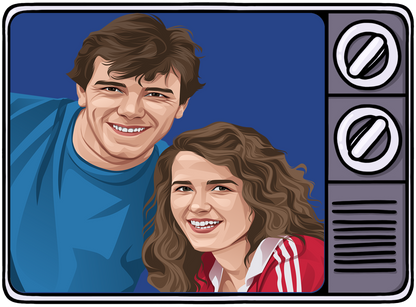 Retrotext illustration of a smiling couple inside a vintage 1990s television frame, celebrating football nostalgia.
