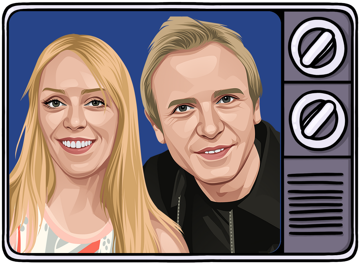 Retrotext illustration of a smiling man and woman inside a vintage 1990s television frame with a blue background
