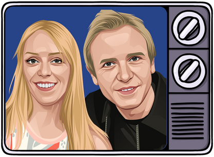 Retrotext illustration of a smiling man and woman inside a vintage 1990s television frame with a blue background