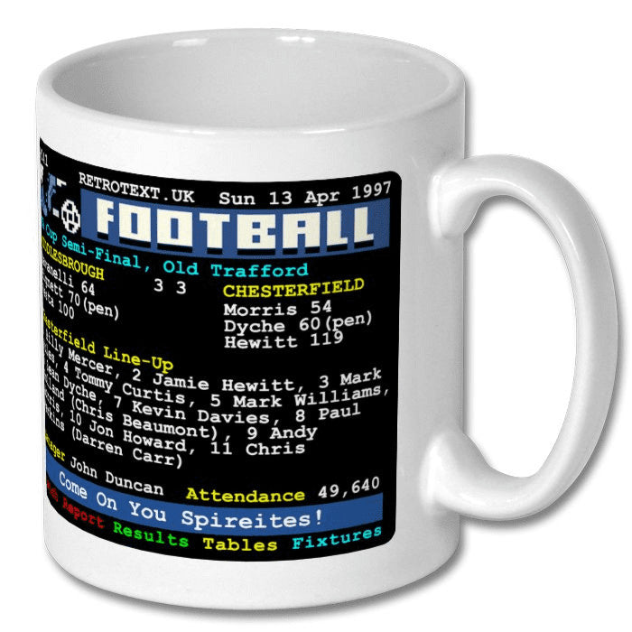 Retrotext 1997 FA Cup semi-final Middlesbrough vs Chesterfield Teletext design on a glossy white 11oz ceramic mug