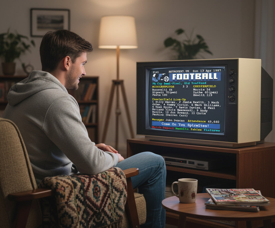 Retrotext 1997 FA Cup Middlesbrough v Chesterfield Teletext mug on a wooden table next to a man watching vintage TV