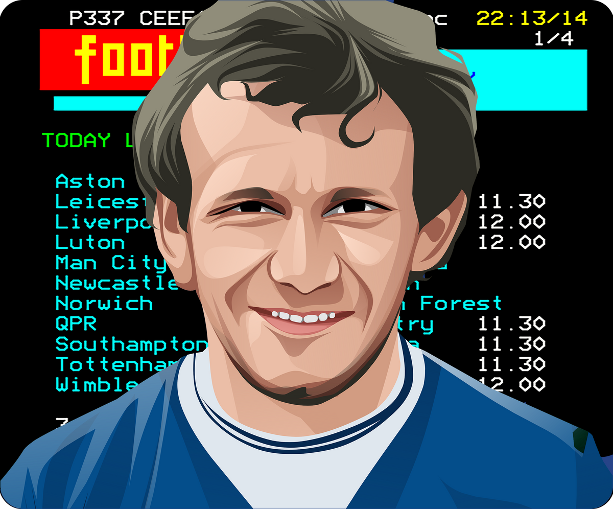 Retrotext The 80s Team book illustration featuring a vintage Ceefax teletext football results screen and a portrait.