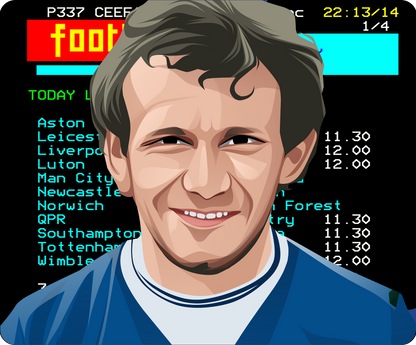 Retrotext The 80s Team book illustration featuring a vintage Ceefax teletext football results screen and a portrait.