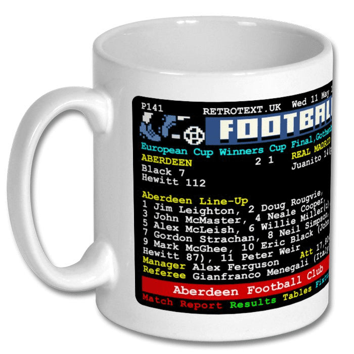 Retrotext ceramic coffee mug featuring a 1983 Aberdeen European Cup teletext match report design on a white background