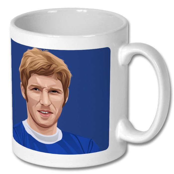 Retrotext white ceramic mug featuring a graphic illustration of Everton footballer Alan Ball in his blue kit.