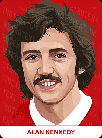 Retrotext personalised Liverpool Legends mug featuring a detailed illustration of Alan Kennedy on a red background