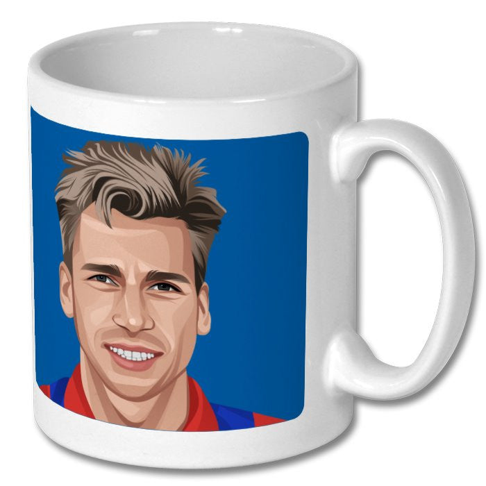 Retrotext ceramic mug featuring a vibrant illustration of Alan Pardew from the 1990 Crystal Palace vs Liverpool match