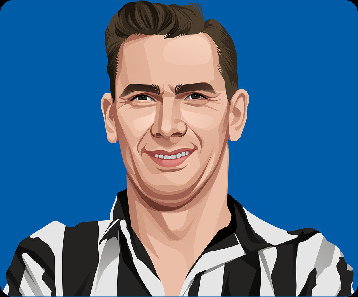 Retrotext ceramic mug featuring an illustrated portrait of Jackie Milburn in a black and white Newcastle United shirt.
