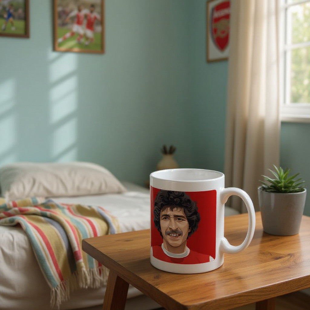 Retrotext Arsenal 1979 FA Cup Alan Sunderland illustration on a glossy white 10oz ceramic mug on a wooden table