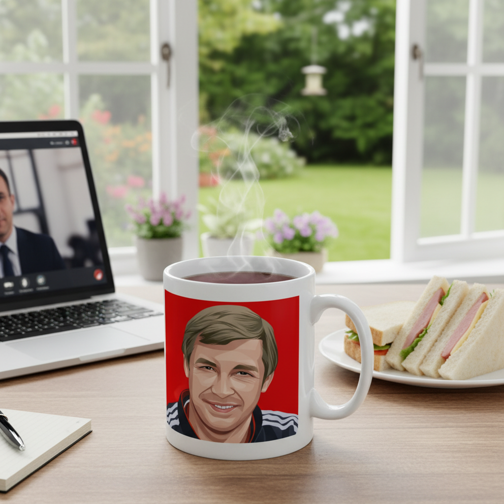Retrotext white 11oz ceramic mug featuring a graphic of Alex Ferguson on a red background, sitting on a wooden desk.