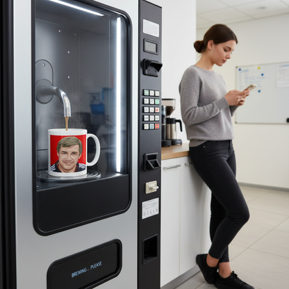 Retrotext ceramic mug featuring Sir Alex Ferguson inside a coffee vending machine with a woman using her phone nearby.