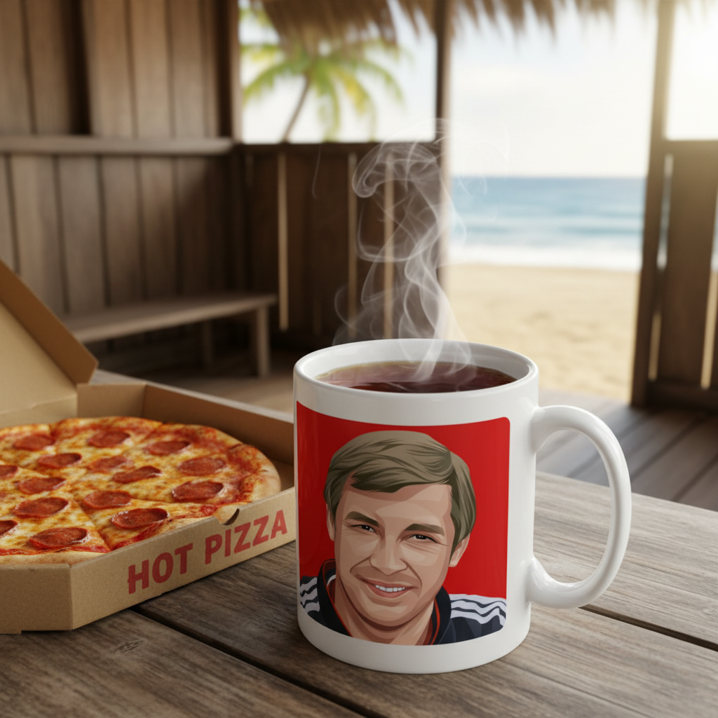 Retrotext ceramic mug featuring a Sir Alex Ferguson illustration, sitting on a wooden table next to a pizza box.