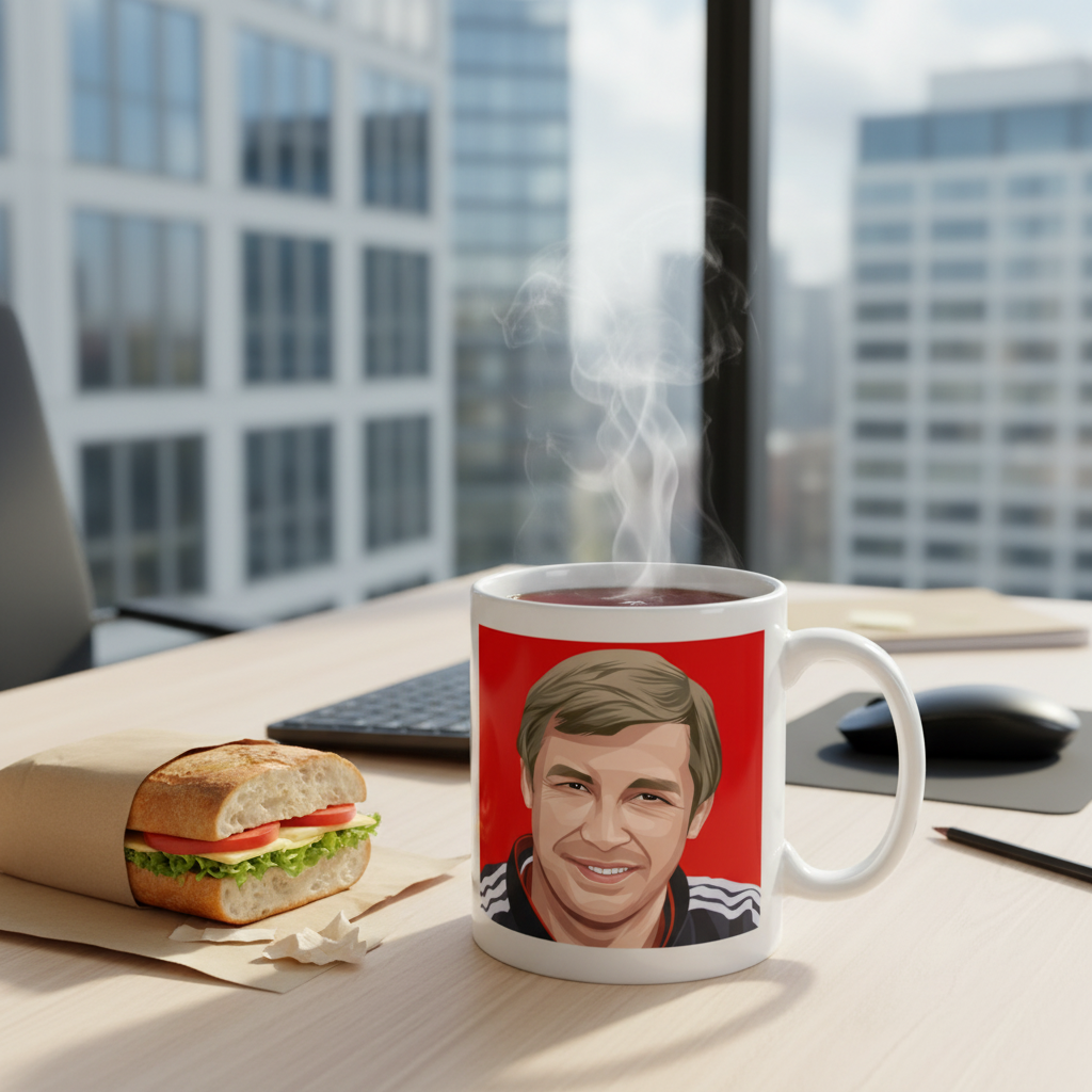 Retrotext Manchester United 1994 Alex Ferguson mug with glossy white finish on a desk next to a sandwich.
