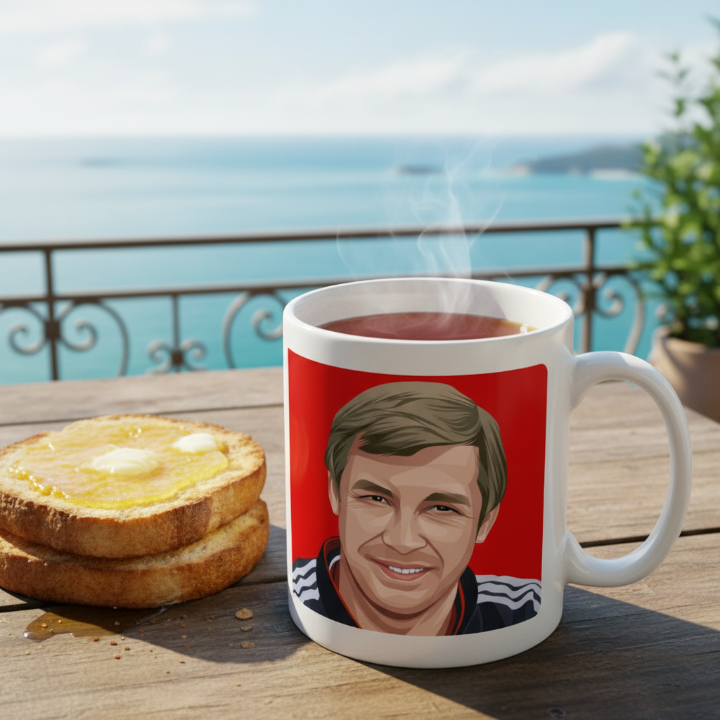 Retrotext 11oz glossy white mug featuring a Sir Alex Ferguson illustration, set on a wooden table with toast.