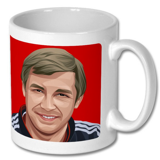 Retrotext white ceramic mug featuring a graphic illustration of Sir Alex Ferguson on a vibrant red background