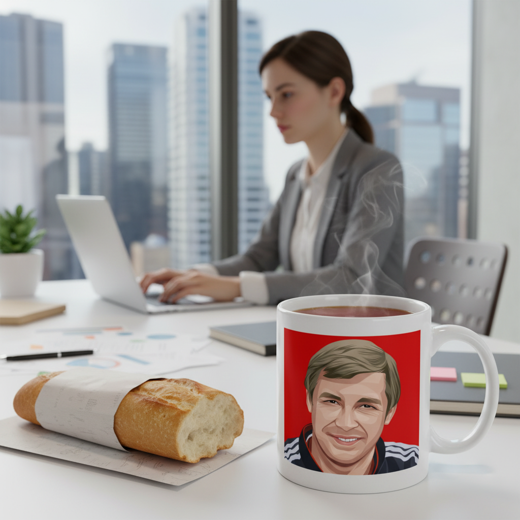 Retrotext Manchester United 2004 FA Cup mug featuring Sir Alex Ferguson on a desk with a baguette and a laptop user.