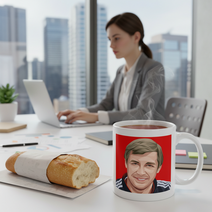 Retrotext Manchester United 2004 FA Cup mug featuring Sir Alex Ferguson on a desk with a baguette and a laptop user.