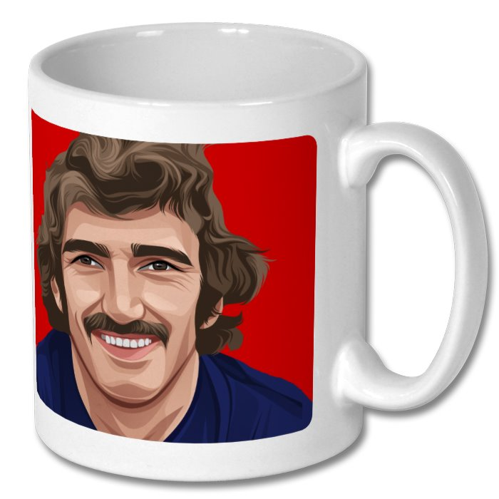 Retrotext 11oz glossy white ceramic mug featuring a vibrant illustration of Manchester United goalkeeper Alex Stepney