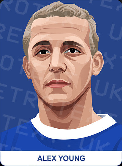 Retrotext Everton Alex Young portrait illustration on a glossy white ceramic mug