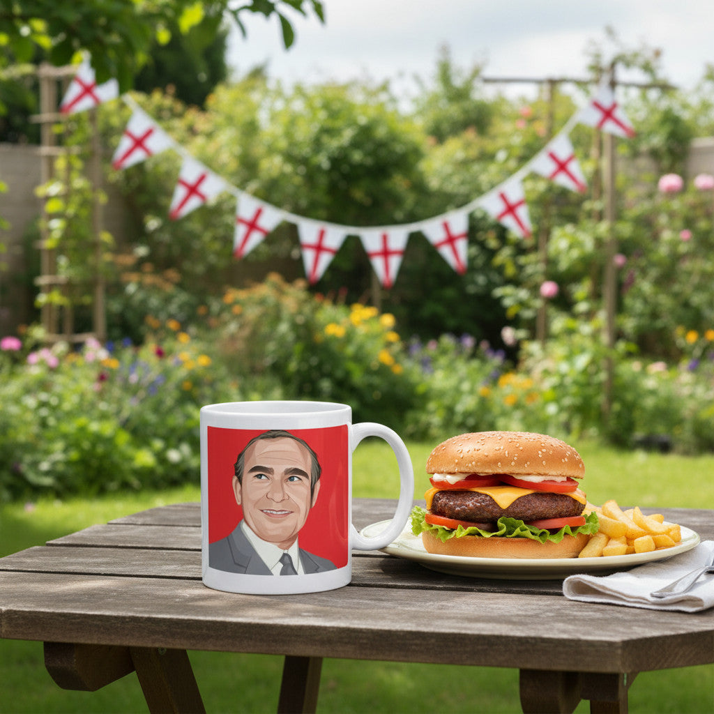 Retrotext ceramic mug featuring Sir Alf Ramsey illustration on a table with a burger and England flag bunting