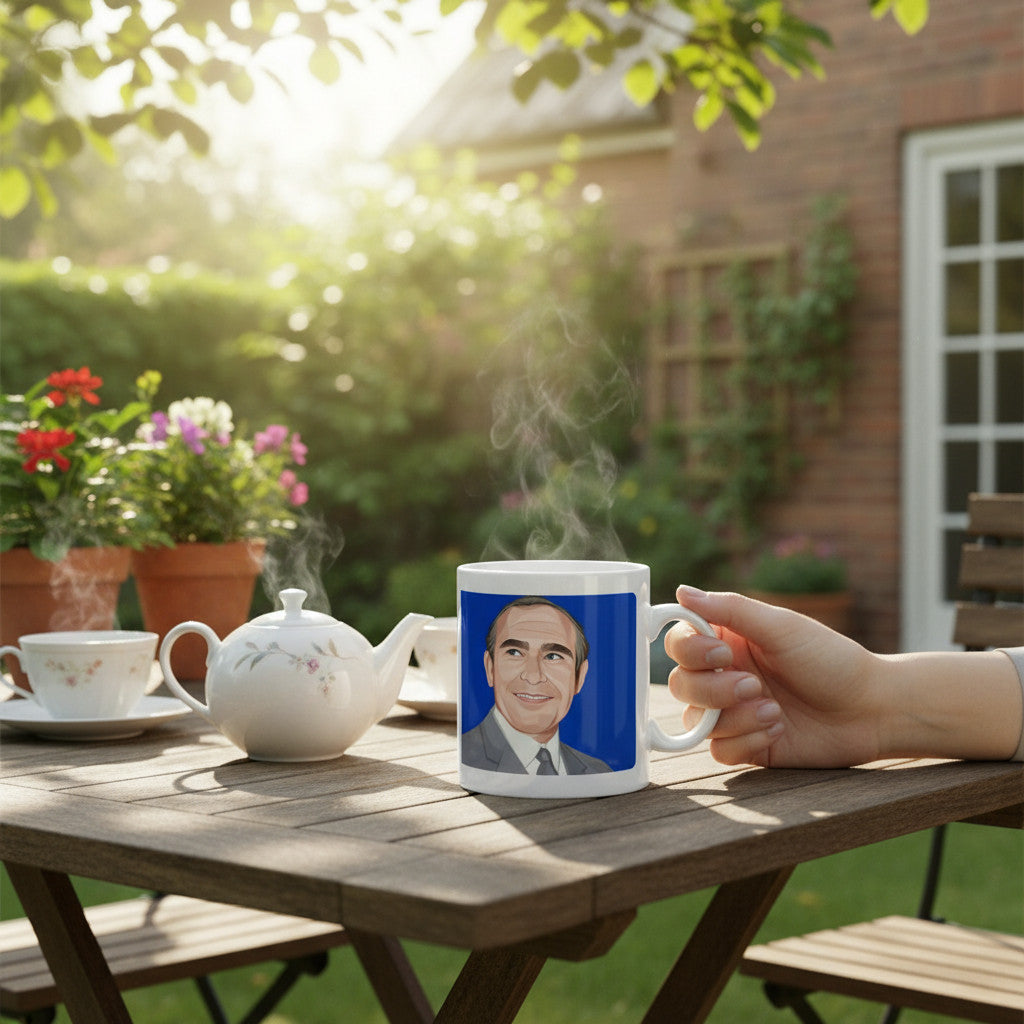 Retrotext Ipswich Town 1962 Alf Ramsey ceramic mug held on a sunny garden table with a teapot and flowers nearby.